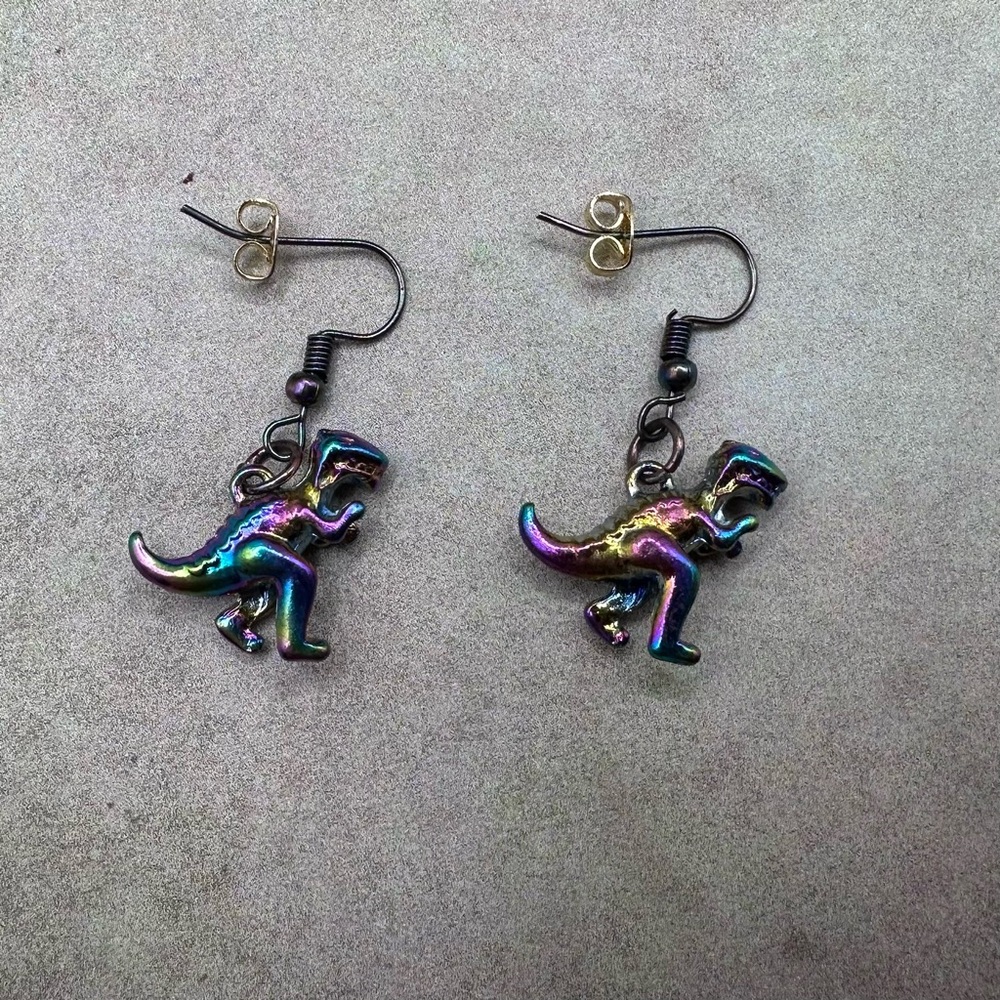 Nickel free Iridescent Rainbow Dinosaur Dangle Earrings - Picture 4 of 5